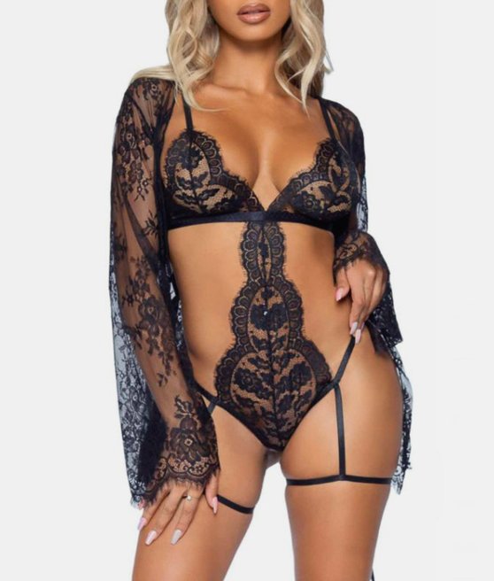 Leg Avenue 86123 komplet body z pasem do pończoch i peniuar